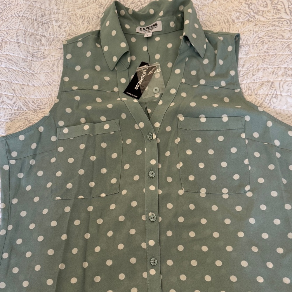 Express Sleeveless Green Polka Dot Shirt